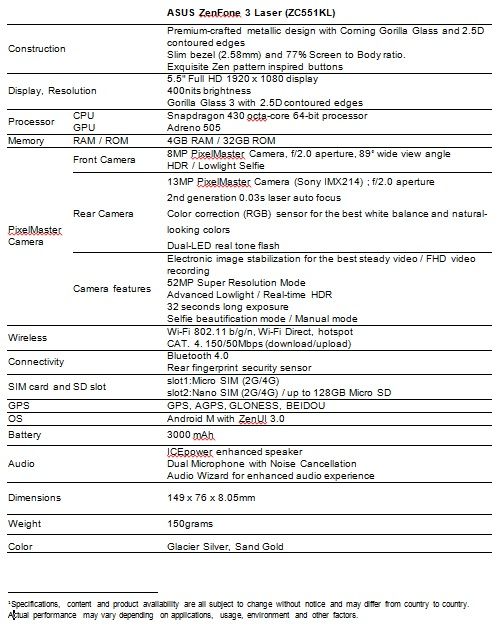 ASUS Zenfone 3 Laser Specifications