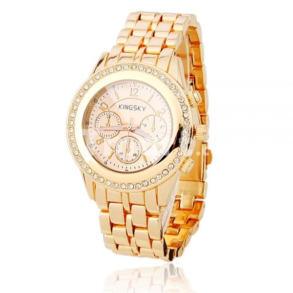 Men-Women-Waterproof-Rhinestone-Alloy-Quartz-MultiMovement-Wrist-Watch-Bronze-Pink