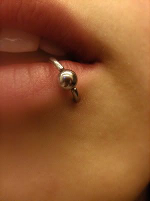 Nipple piercings, vertical labret piercing and a stretched ear double lip